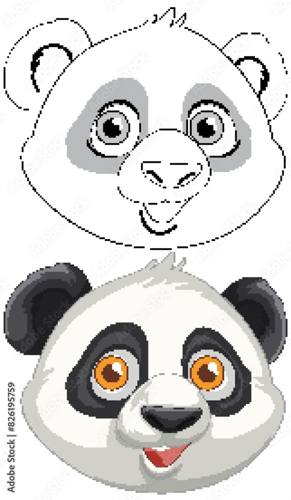 Fototapeta premium Adorable panda faces in color and outline