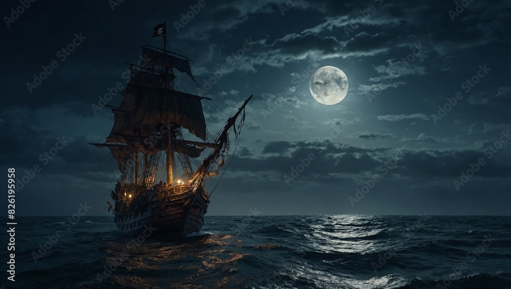 Produce an atmospheric depiction of a ghostly pirate