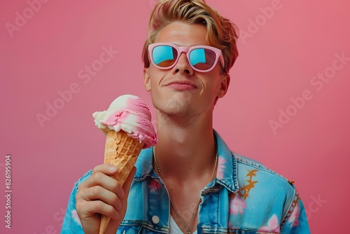 Young man with pink glasses eating a huge strawberry ice cream. Concept: style, lifestyle