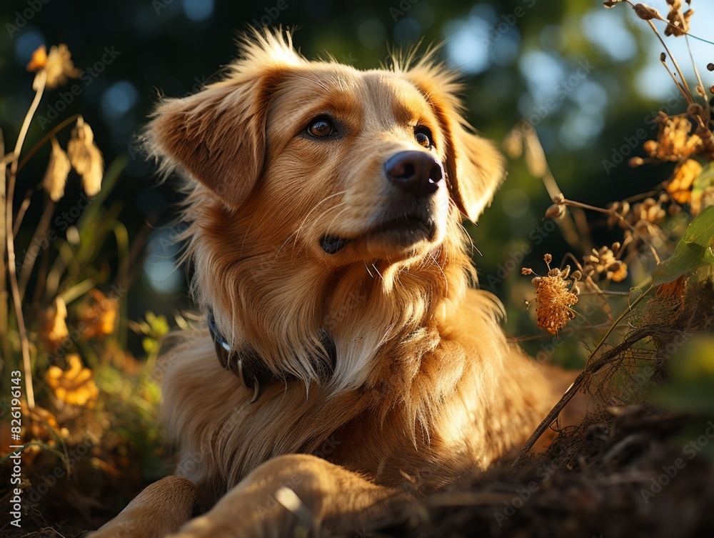 Portrait of a cute mixed breed dog lying on the ground in autumn