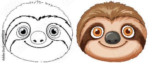 Adorable sloth face in color and outline