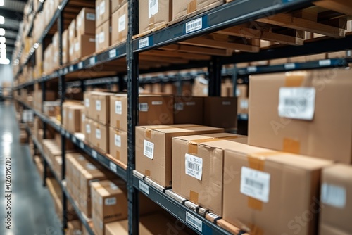 Organized warehouse interior with rows of shelves holding numerous labeled cardboard boxes for storage