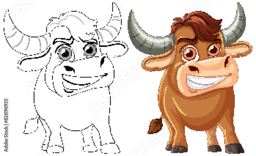 Colorful and outlined happy bull character