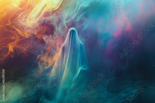Abstract image of a ghostly figure enveloped in vibrant, swirling colors photo