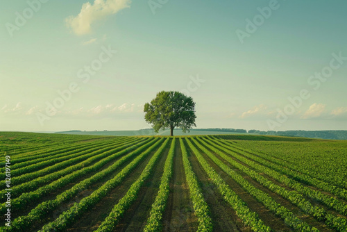 Aerial view of vast  open farmland with a lone tree as the focal point. Emphasize the expansiveness and simplicity of the landscape  with the uniform rows of crops 