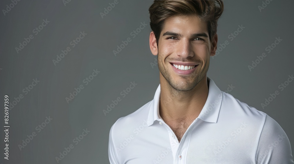 Handsome smiling man in white polo shirt posing for photo,