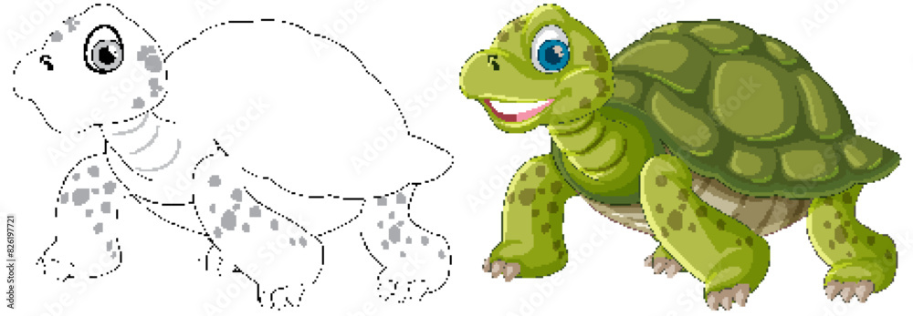 Fototapeta premium Turtle in outline and colored versions