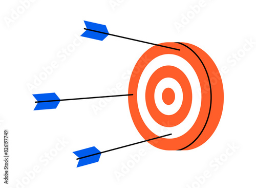 Hand drawn cute illustration of arrow miss center of target. Flat vector doodle failure shot. Wrong strategy icon. Unsuccessful attempt. Finding solution. Lost opportunity. Lose competition. Isolated.