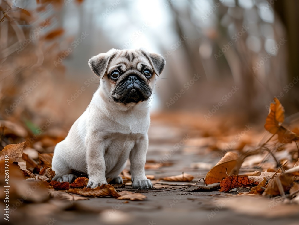 Pug puppy is sitting in the autumn park. Pug puppy is sitting in the autumn park.