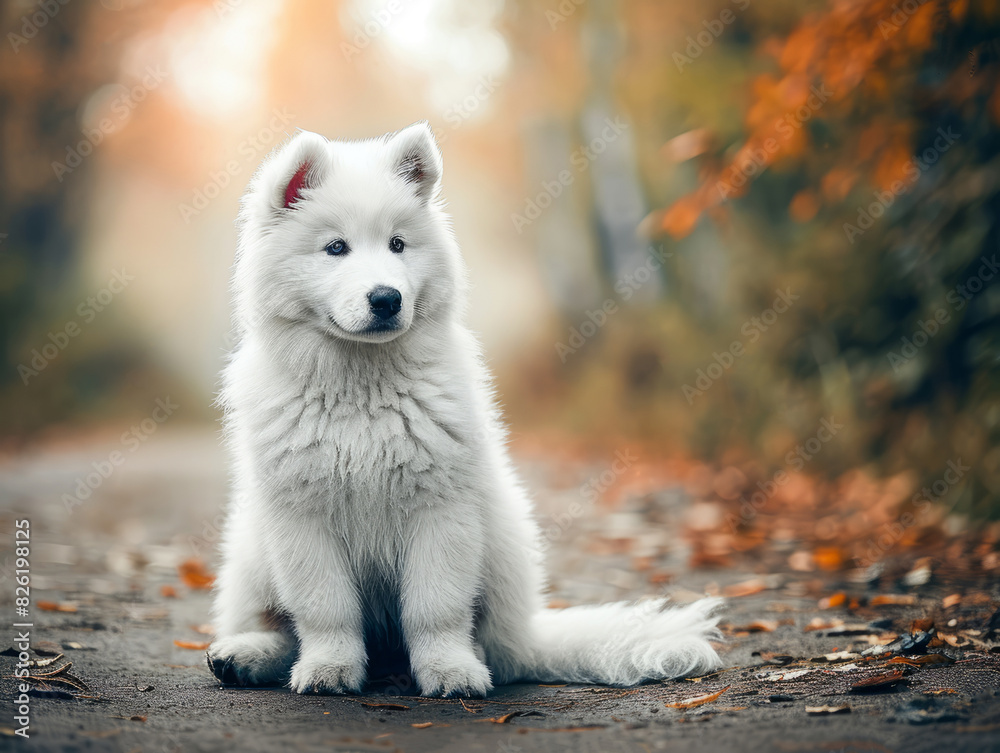 Cute samoyed puppy is sitting in the autumn park. Cute samoyed puppy is sitting in the autumn park.
