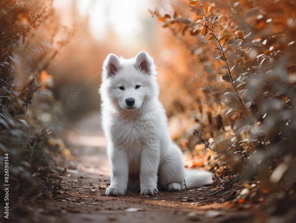 Obraz premium Cute samoyed puppy is sitting in the autumn park.