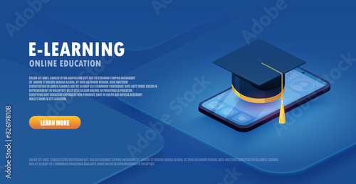 Online Education 3d isometric banner. E-learning.