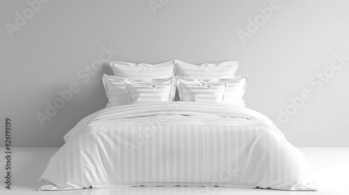 A white bed with striped satin linens, several pillows and pillowcases of the same color. The background is a regular wall.