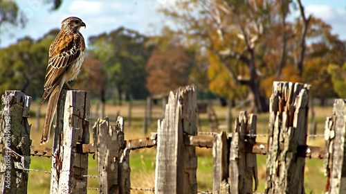   A bird perched on a wooden fence facing a field of tall trees and a green backdrop of lush foliage