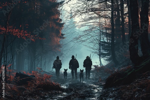 A group of people walking with a dog in the dark forest. Search and rescue operations