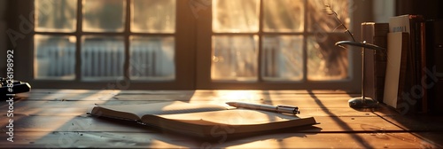 Sunlit Desk, Close-up of a minimalist desk with sunlight streaming through a window, highlighting a single open notebook and pen