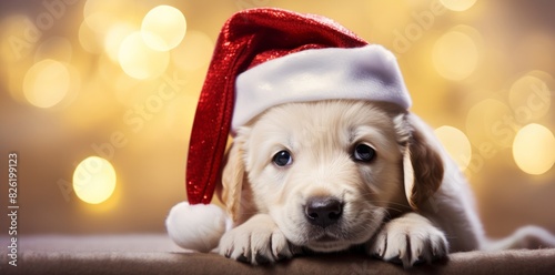 Cute puppy in santa hat on bokeh background