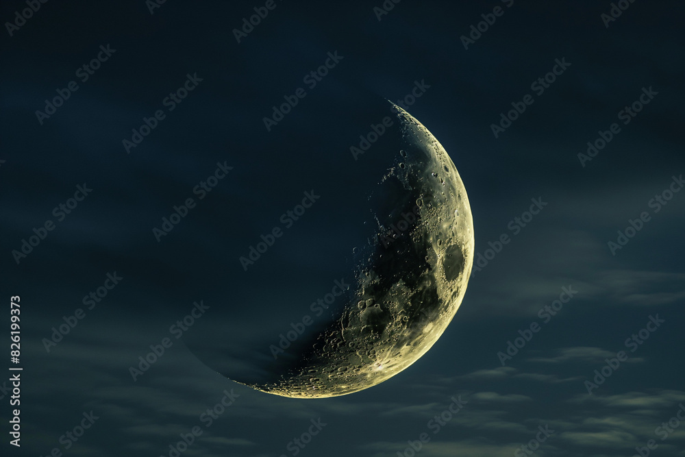 Crescent Moon Against Night Sky with Dark Clouds Crescent Moon Against Night Sky with Dark Clouds