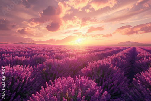 lavender field at sunset. beautiful sky with pink clouds