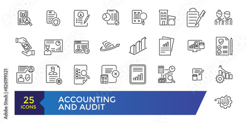 Accounting and audit icons set. Related to accounting, audit, taxes. Outline icon collection. Editable stroke illustration. Vector ui and web icon.