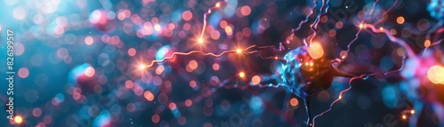 A vibrant visualization of neural connections, depicting electrical impulses and synapses in the human brain's neural network.