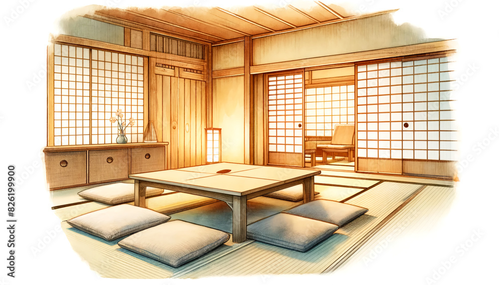 custom made wallpaper toronto digitalWatercolor Illustration of the Interior of a Traditional Japanese Ryokan