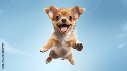 Cute dog jumping up over blue sky background © Darcraft