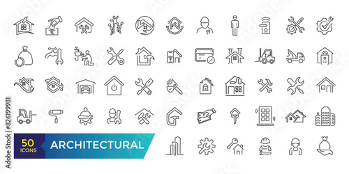 Architectural icon set. Line icons of architecture project for engineer documents and plans. Editable stroke illustration. Vector ui and web icon.