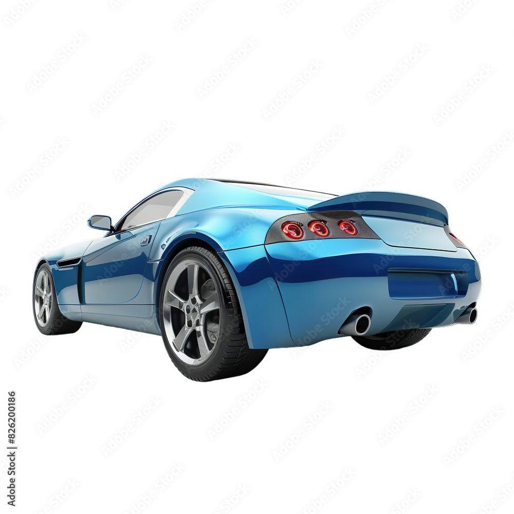 Blue sports car rear view on transparent background.