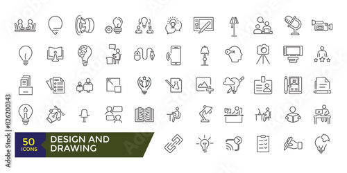 Design and drawing icons set. Line icons of design and arts. Editable stroke illustration. Vector ui and web icon.