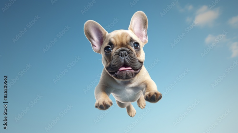 Cute french bulldog jumping up over blue sky background