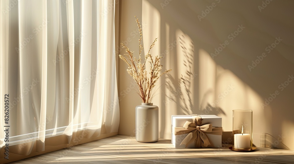 A gift box with a ribbon stands on a table in front of a window through which sunlight shines. The background is a beige wall, and next to it there is a vase with dried flowers and a candle. A gift box with a ribbon stands on a table in front of a window through which sunlight shines. The background is a beige wall, and next to it there is a vase with dried flowers and a candle.