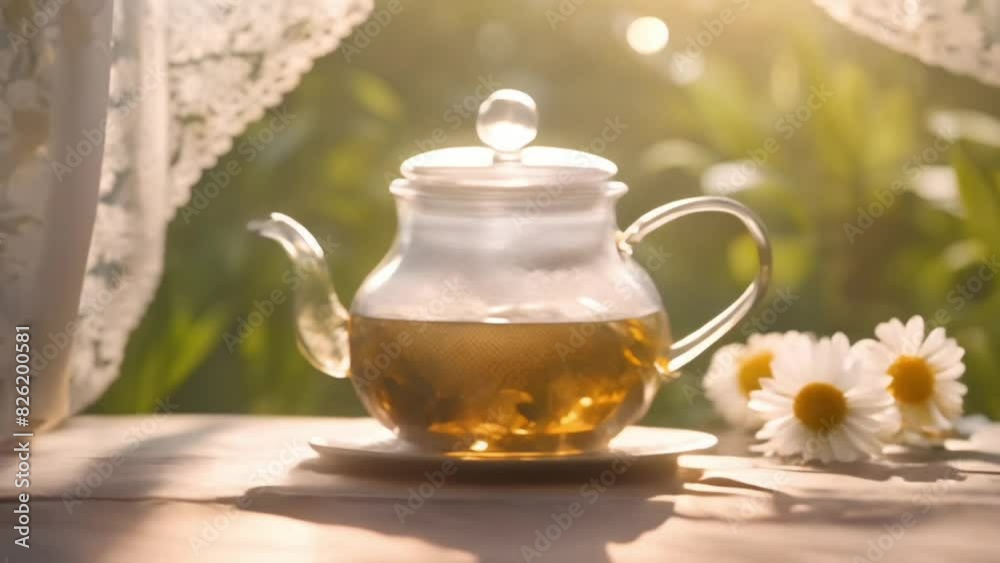 Herbal chamomile tea and chamomile flowers near teapot and tea glass on wooden table. Countryside background. Herbal chamomile tea and chamomile flowers near teapot and tea glass on wooden table. Countryside background.