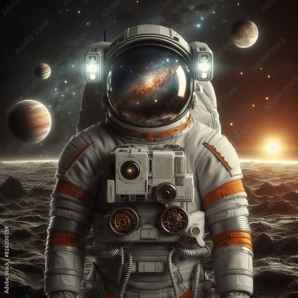 An astronaut in a detailed space suit stands on a rocky alien landscape, gazing at a colorful galaxy visible in the reflection of his helmet visor.. AI Generation
