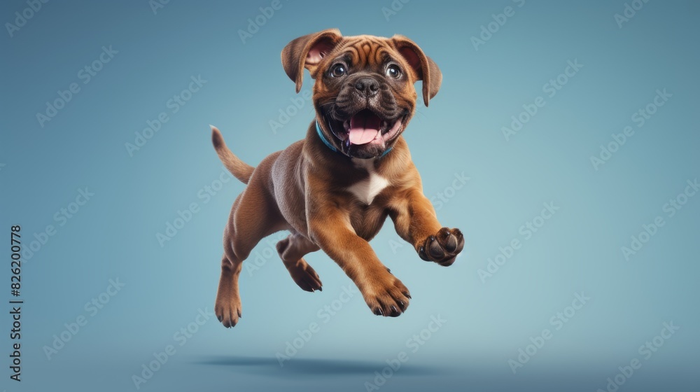 Cute mastiff dog jumping up over blue sky background