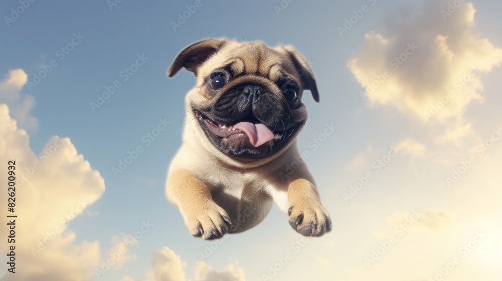 Cute pug dog jumping up over blue sky background