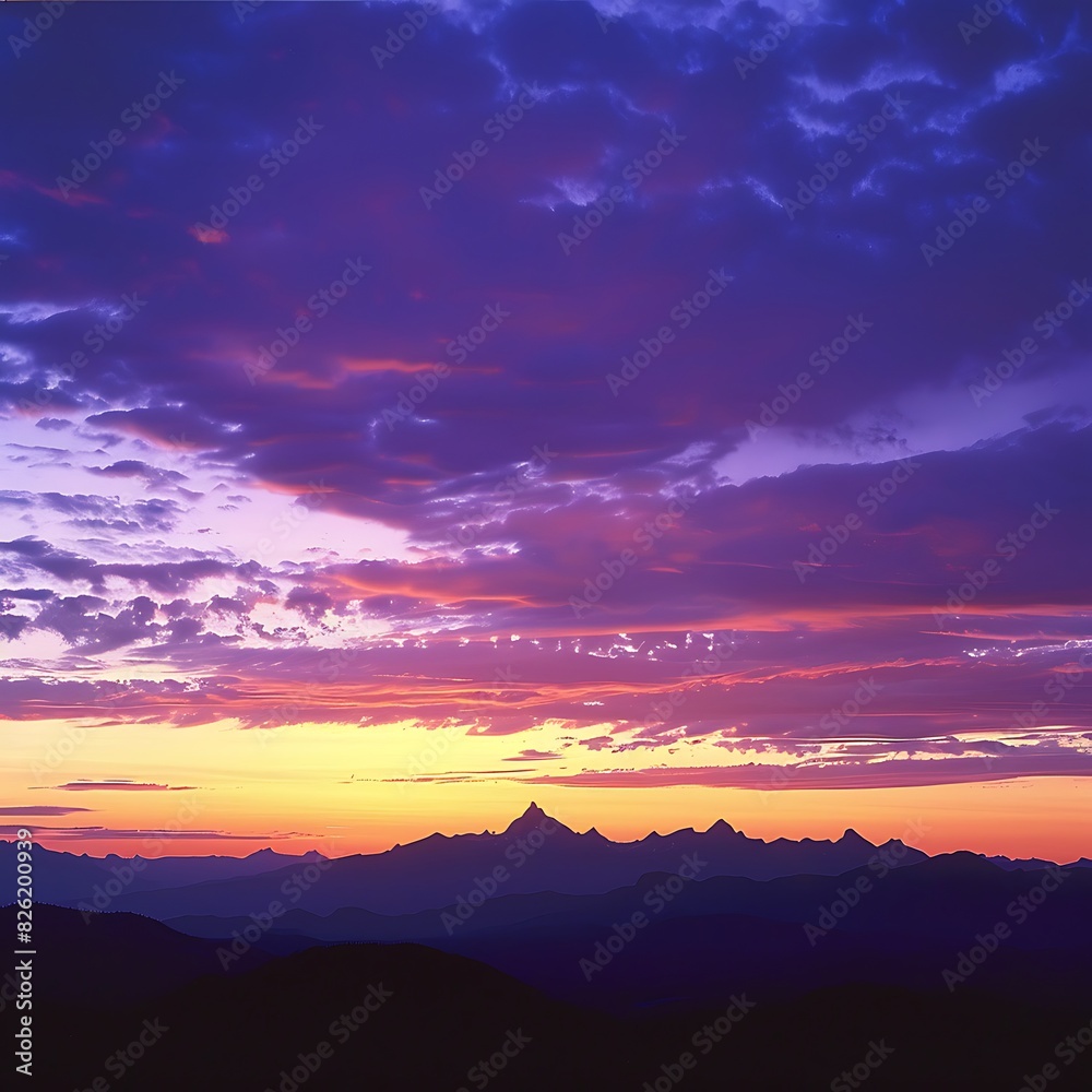 Sunset Over Mountains, A panoramic view of a mountain range silhouetted against a vibrant orange and purple sunset sky
