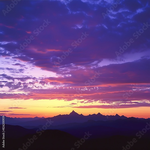 Sunset Over Mountains  A panoramic view of a mountain range silhouetted against a vibrant orange and purple sunset sky