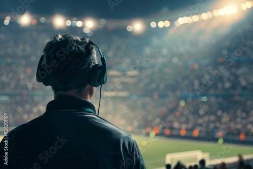 Rear view of a male commentator with headphones at a nighttime sports event, crowd in the background photo