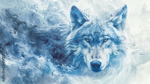 A majestic wolf in a dreamlike, blue-toned environment. The art captures the mysterious and ethereal essence of the wild animal.