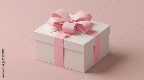 Gift box with ribbon on a simple soft light pastel background, with space around the edges and the center of the object with no shadows on the ground and smooth lighting