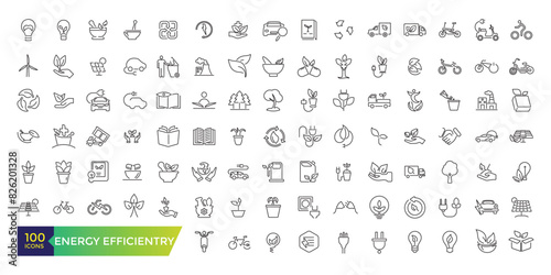 Energy efficiency icon set. energy-saving light bulb, solar panel, circular economy, battery, home insulation. Editable stroke illustration. Vector ui and web icon.
