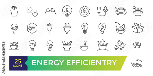 Energy efficiency icon set. energy-saving light bulb, solar panel, circular economy, battery, home insulation. Editable stroke illustration. Vector ui and web icon.