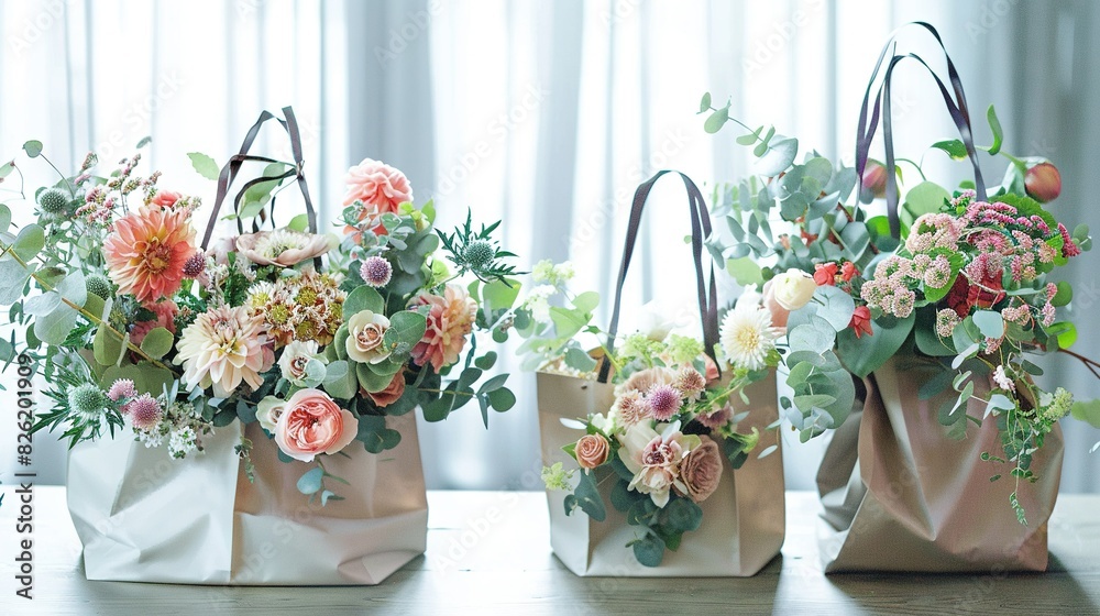 Fototapeta premium Three flower bags on a table, window in the background, curtain beside them