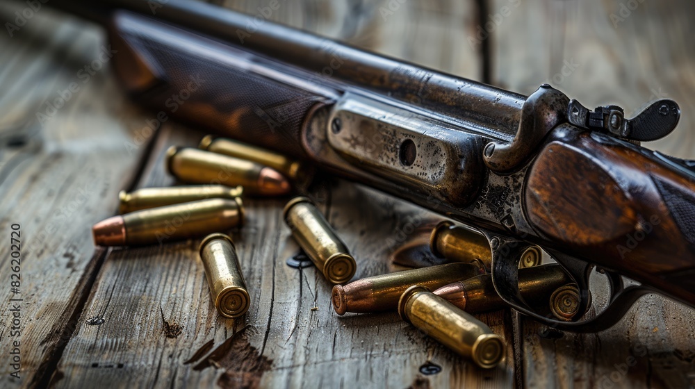 Obraz premium Vintage rifle and old cartridges in close up on wooden background