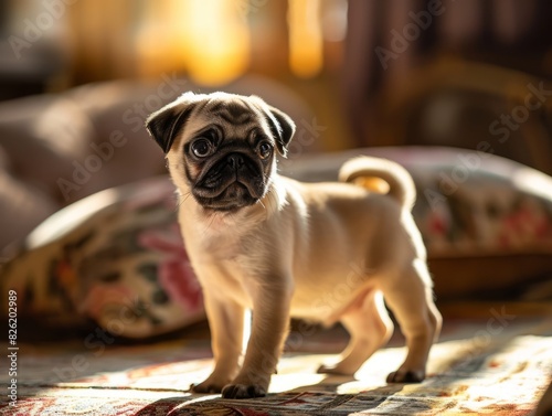 Young pug puppy standing at home