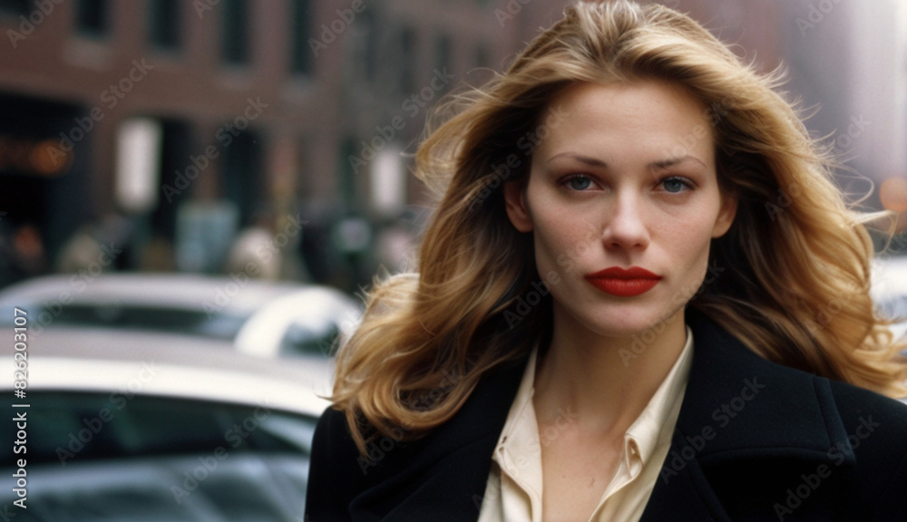 Portrait of the beautiful young woman on the street, early 2000s era fashion style, clean lines, neutral colors, and simple silhouettes. Portrait of the beautiful young woman on the street, early 2000s era fashion style, clean lines, neutral colors, and simple silhouettes.