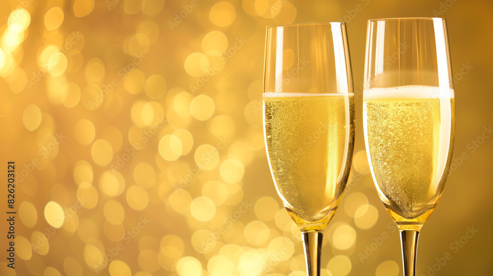 Two champagne glasses filled with sparkling wine against a golden bokeh light backdrop Two champagne glasses filled with sparkling wine against a golden bokeh light backdrop