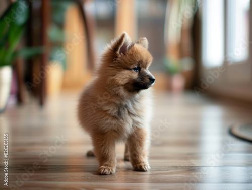 Young spitz puppy standing at home