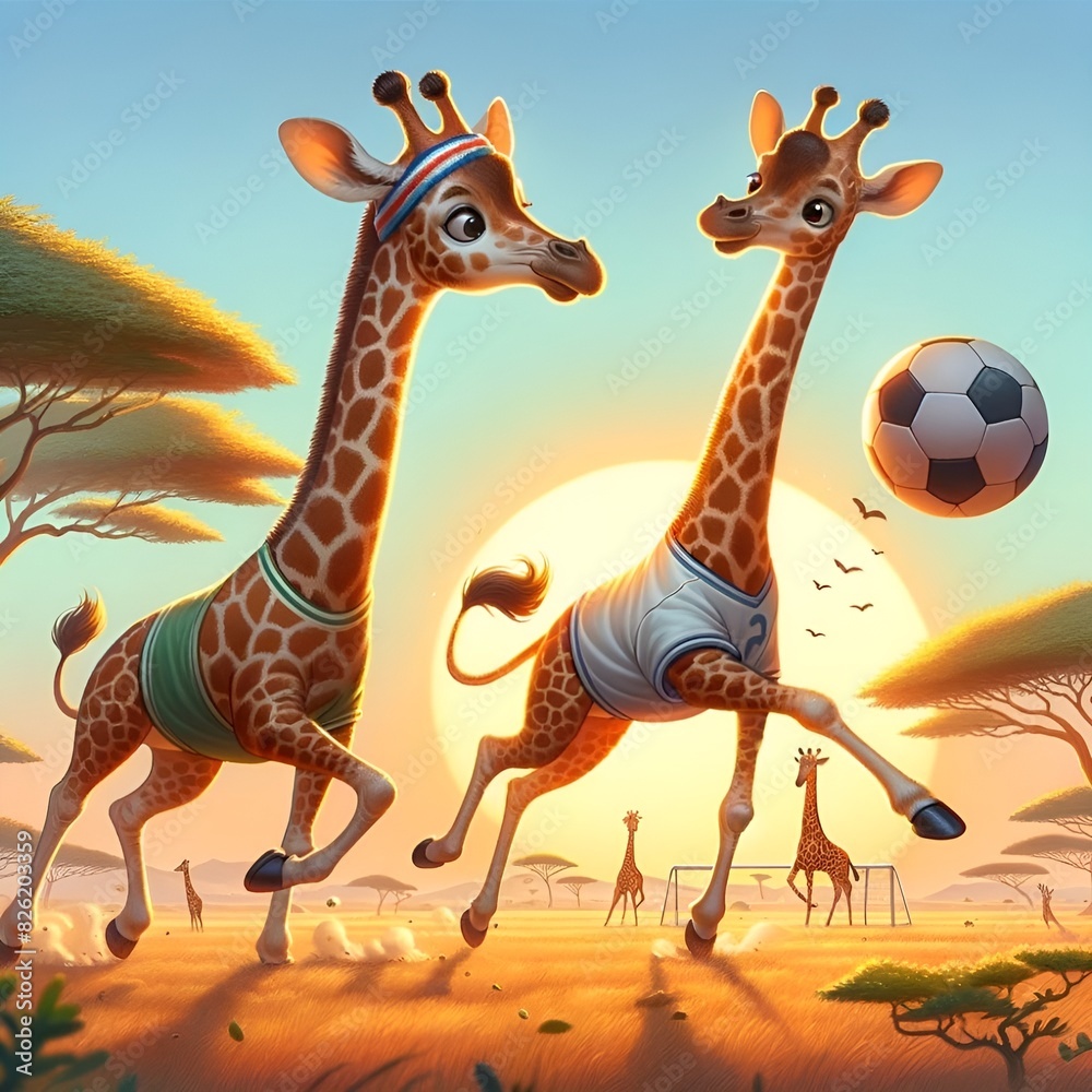 Fototapeta premium Soccer is being played by two giraffes wearing shirts
